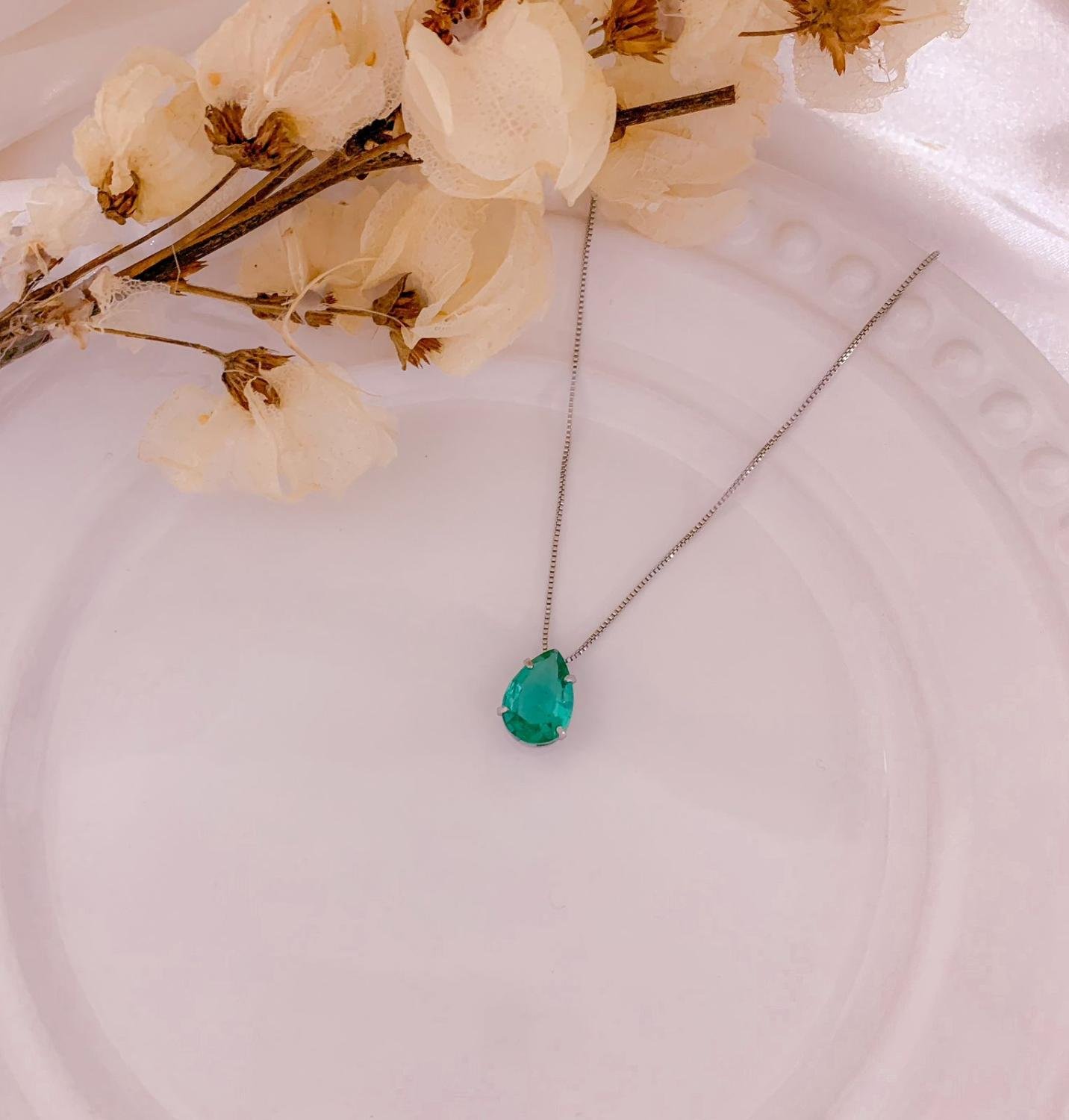 COLAR GOTA ZIRCÔNIA TURMALINA 45CM +5CM EXTENSOR PLATINA