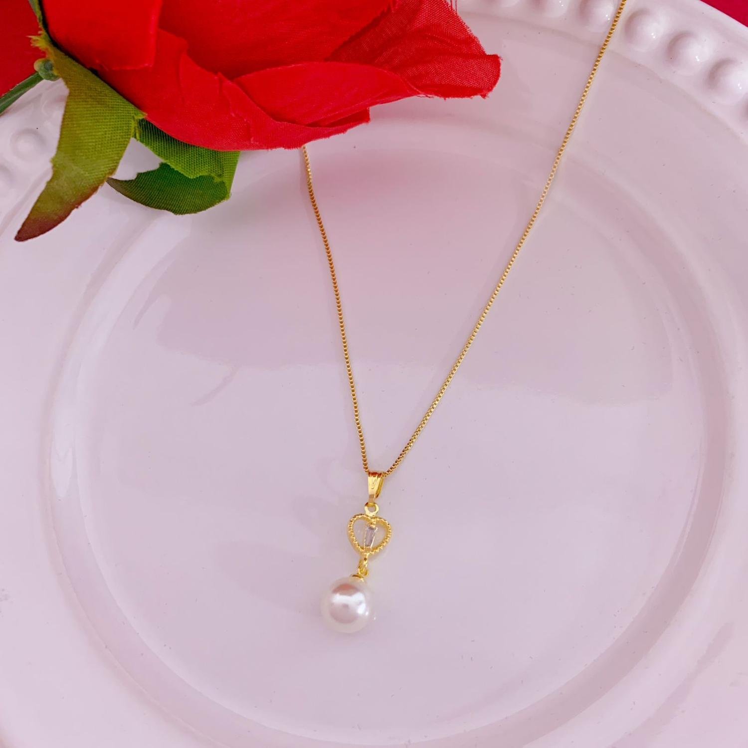 COLAR CORAÇÃO ZIRCÔNIA COM PEROLA OURO 18K