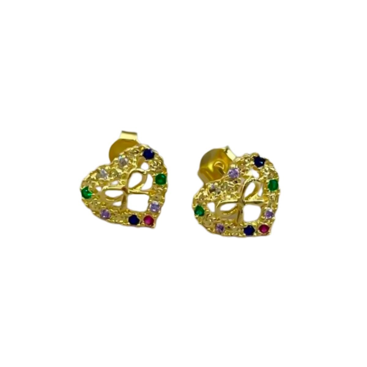 BRINCO CORAÇÃO COM LAÇO ZIRCÔNIA COLORIDA OURO 18K